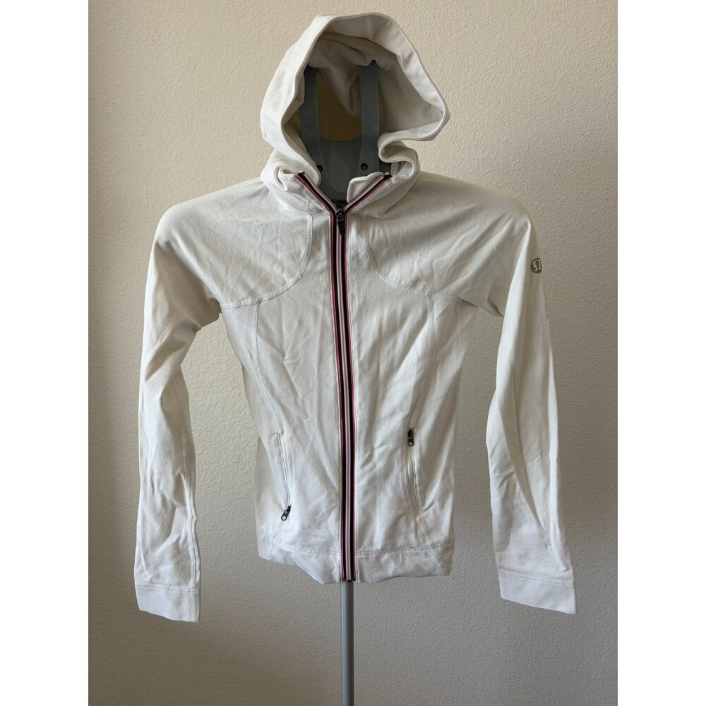 Lululemon‎ Hoodie 4 White Zip Up Stripe Zipper Trim Logo Sleeve Nylon Lycra Gym